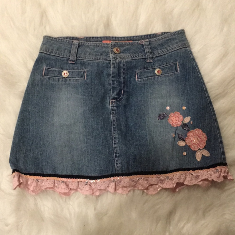 GIRLS JEAN SKIRT WITH LACE TRIM